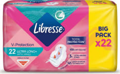 Libresse V-Protection Ultra Long+ dömubindi með vængjum, fyrir miklar blæðingar, 22 stk