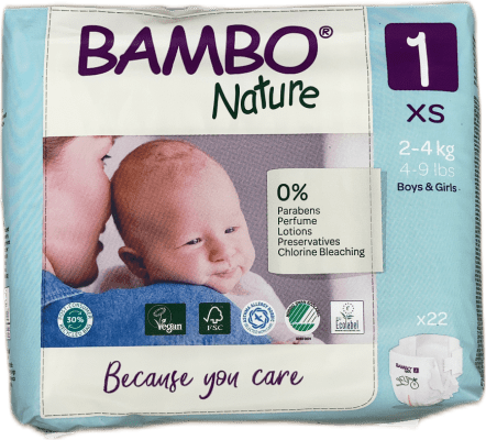Bambo Nature bleyjur, stærð 1 XS (2–4 kg), 22 stk.