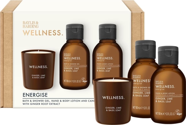 Baylis & Harding Wellness Herra Energize Gjafasett Ginger & Lime  Sturtusápu 100 ml, Body Lotion 10 ml og Ginger, Lime & Basil ilmkerti