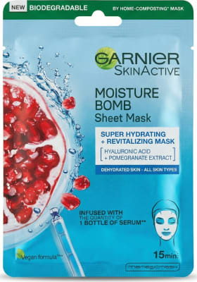 Garnier SkinActive Moisture Bomb blaðmaski með hýalúrónsýru og granatepli 28 g