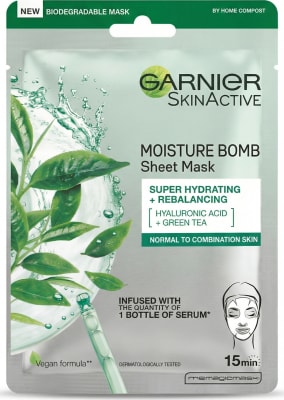Garnier SkinActive Moisture Bomb lakmaska með hýalúrónsýru og grænu tei 28 g