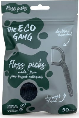 The Eco Gang tvöfaldar tannþráðstangir úr plöntuefnum, með kolainnrennsli, 50 stk