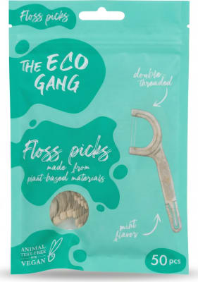 The Eco Gang tannþráðspinnar úr plöntuefni, myntu, tvöfaldir þræðir, 50 stk