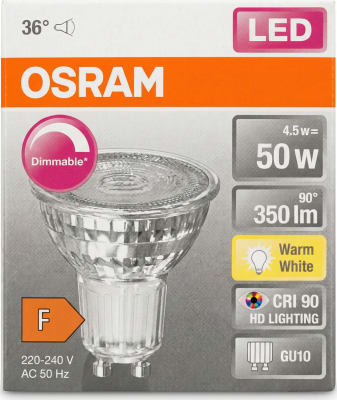 Osram GU10 LED pera 4,5W, dimmanleg, 2700K, 350 lm, 36°