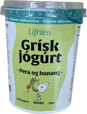 Biobú Lífræn grísk jógúrt pera og hunang laktósaskert 500 g