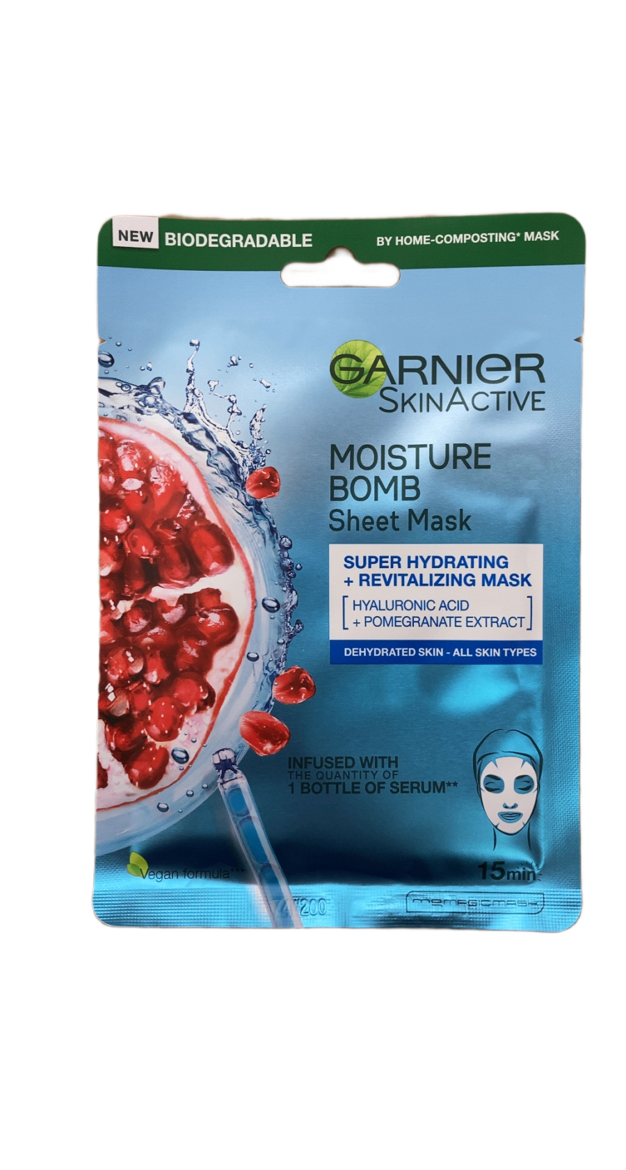 Garnier SkinActive Moisture Bomb blaðmaski með hýalúrónsýru og granatepli 28 g