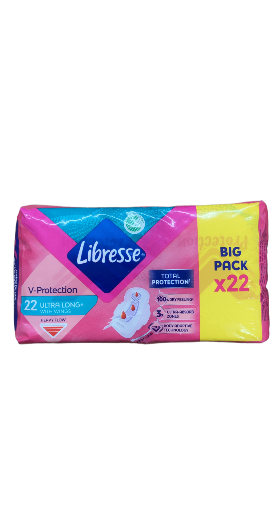 Libresse V-Protection Ultra Long+ dömubindi með vængjum, fyrir miklar blæðingar, 22 stk