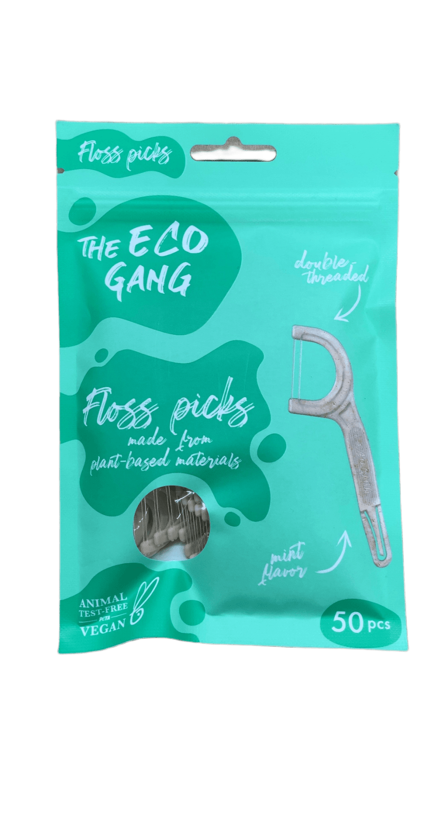 The Eco Gang tannþráðspinnar úr plöntuefni, myntu, tvöfaldir þræðir, 50 stk