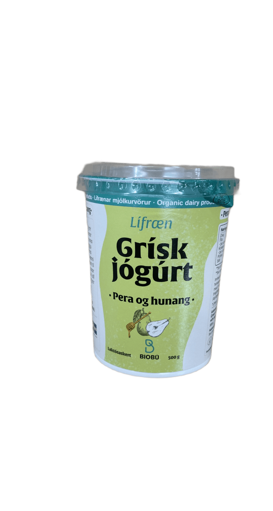 Biobú Lífræn grísk jógúrt pera og hunang laktósaskert 500 g
