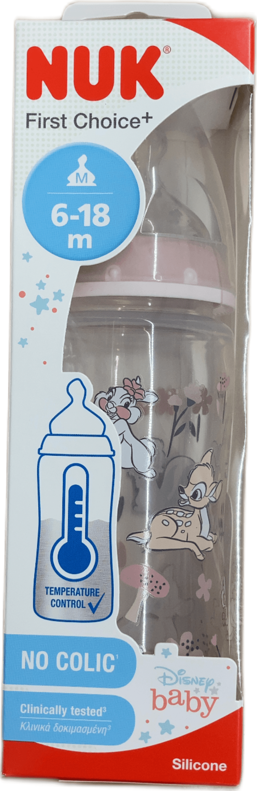 NUK First Choice+ Disney Baby pelaflaska með sílikonsnúð, stærð M (6–18 mánaða), 300 ml