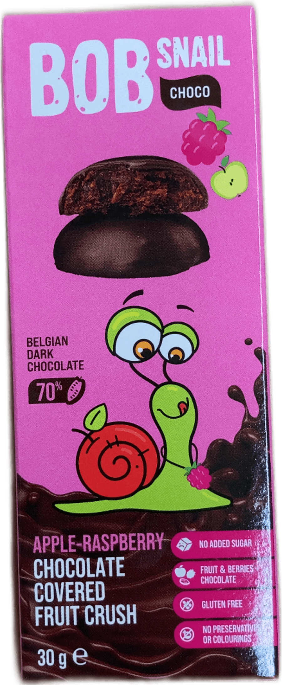 Bob Snail epla- og hindberja ávaxtamauk í belgísku dökku súkkulaði (70%) 30 g