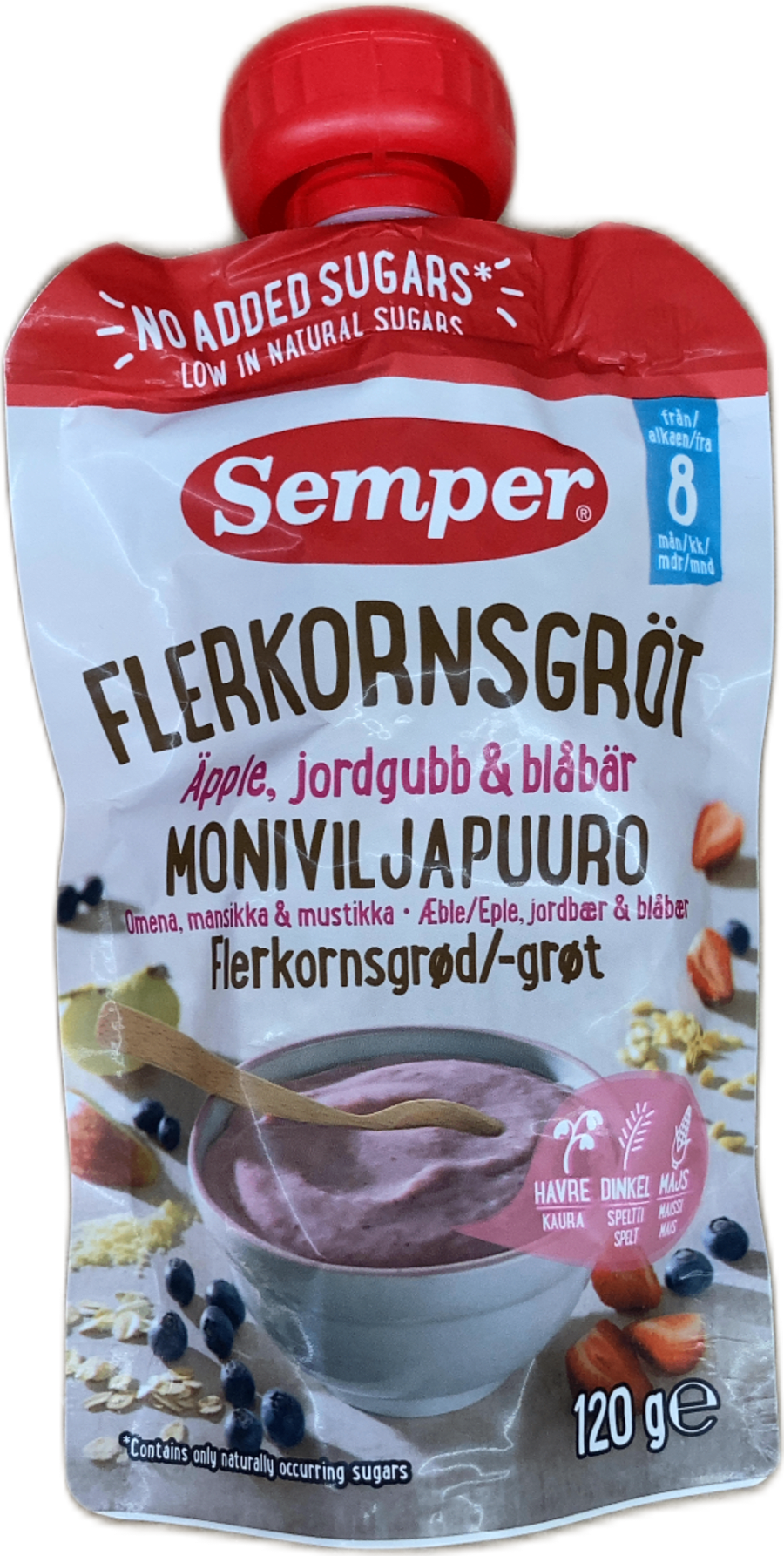 Semper Fjölkorna grautur með epli, jarðarberjum og bláberjum 120 g