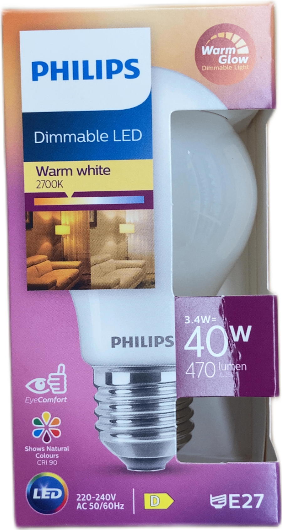 Philips WarmGlow LED pera E27, hægt að deyfa (dimmable), 3,4 W (40 W), 470 lm, 2700 K