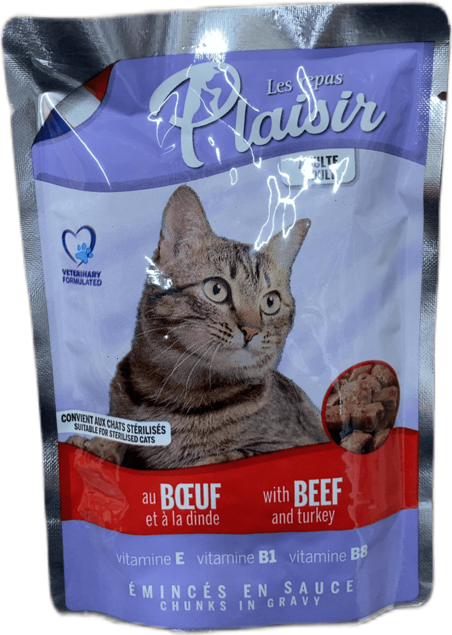 Plaisir bitar í sósu fyrir geldaða ketti með nautakjöti og kalkún, 100 g