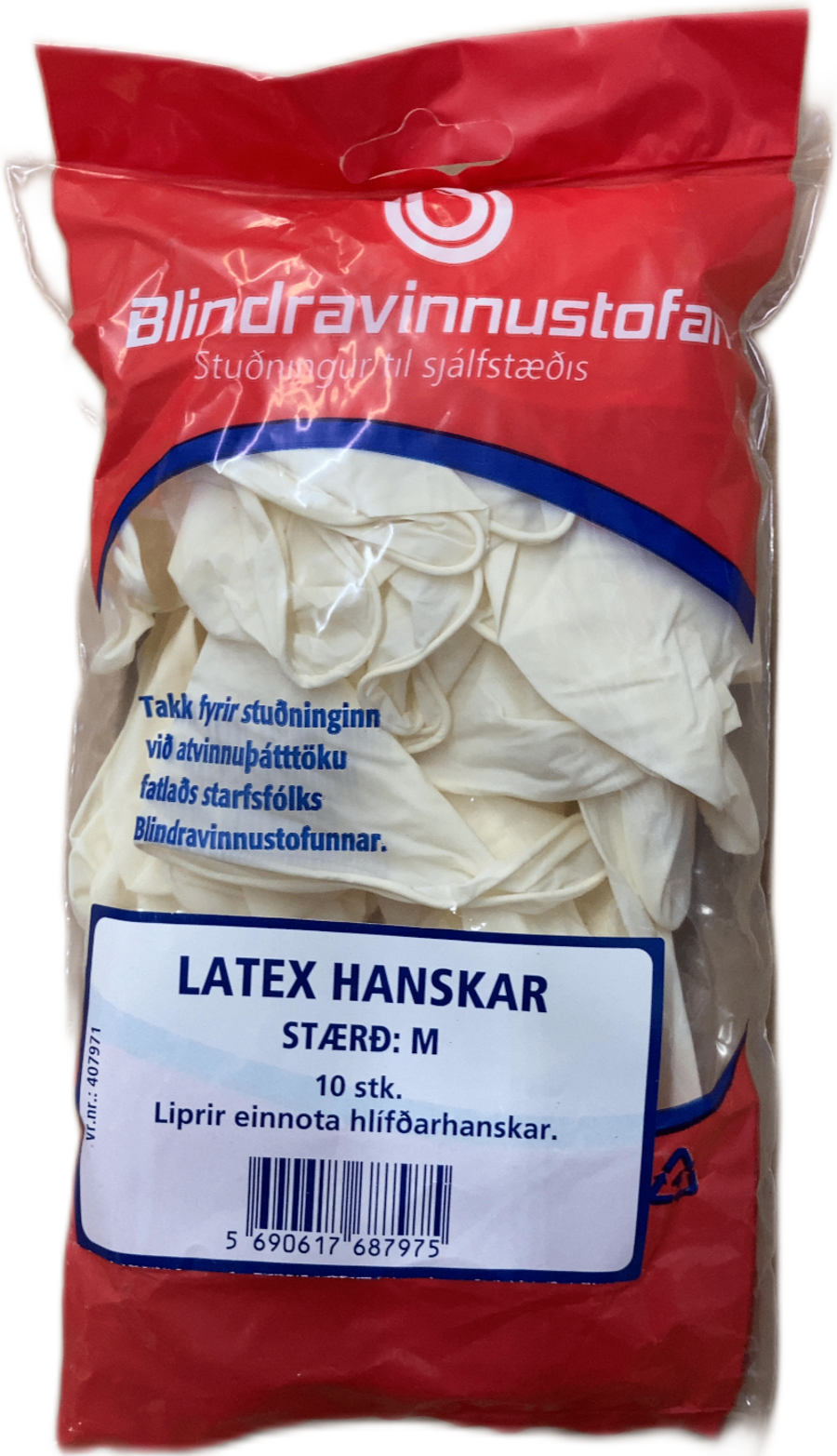 Blindravinnustofa latex hanskar, stærð M, 10 stk