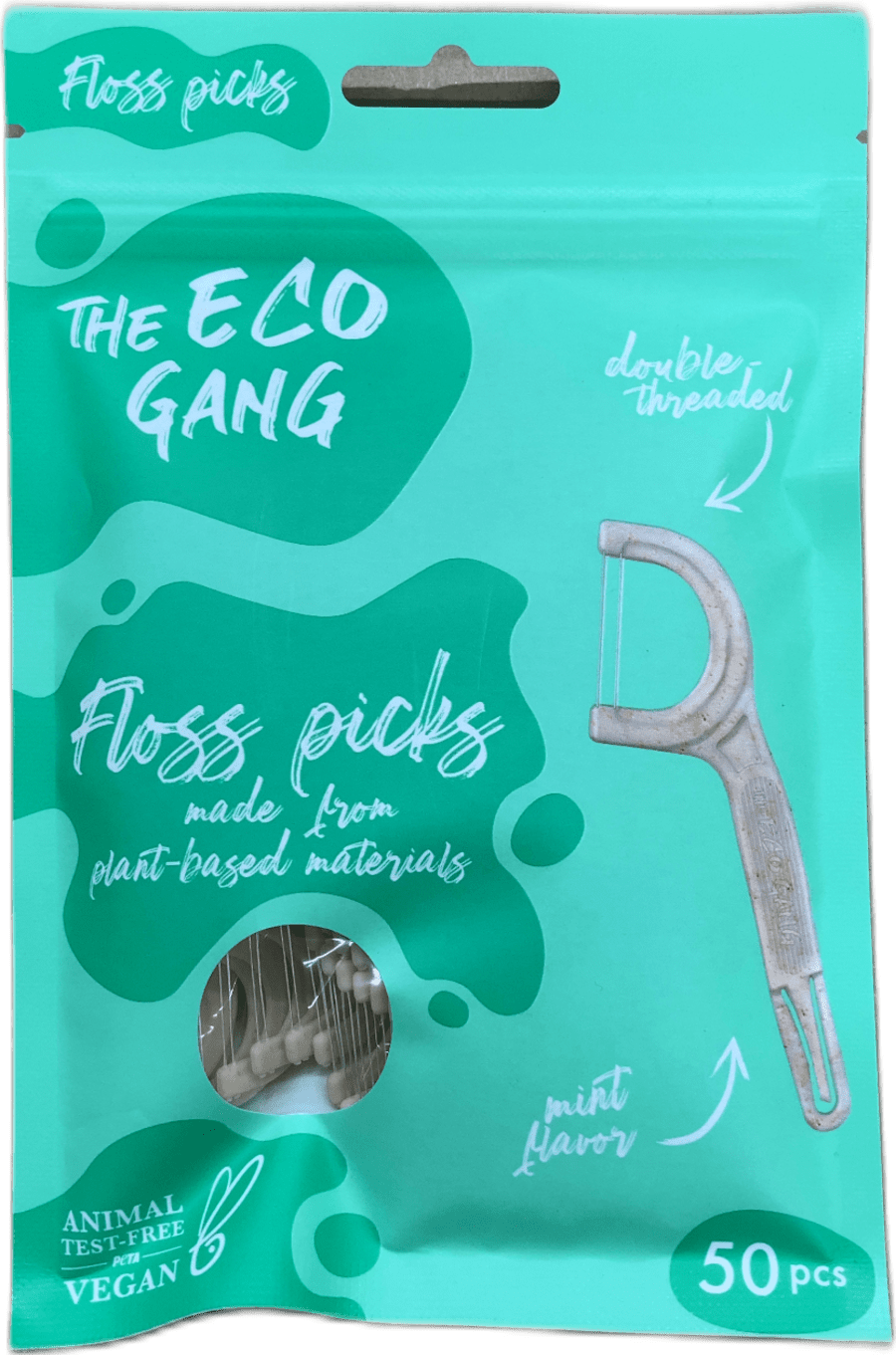 The Eco Gang tannþráðspinnar úr plöntuefni, myntu, tvöfaldir þræðir, 50 stk