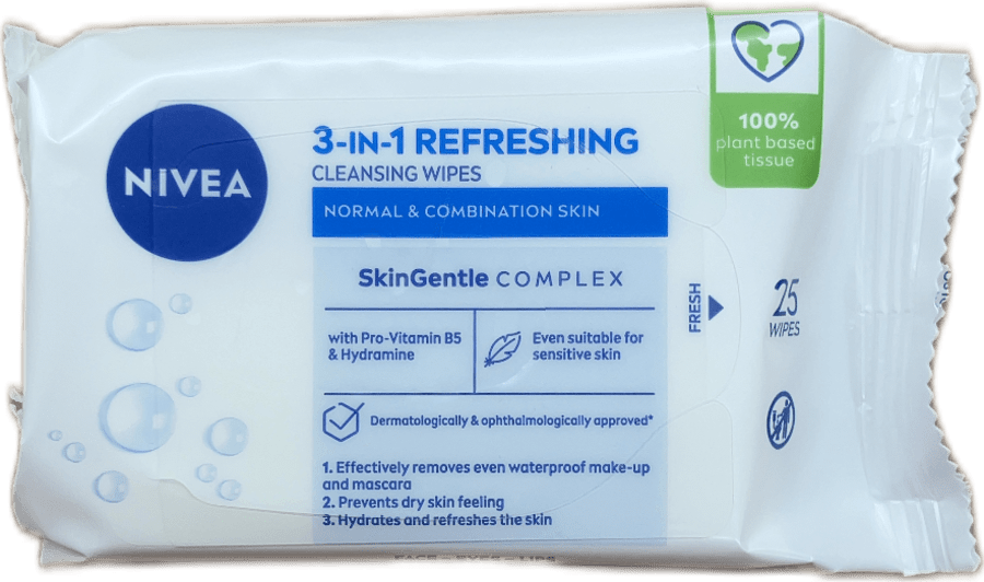 NIVEA 3-í-1 ferskir hreinsiklútar fyrir venjulega og blandaða húð, 25 stk