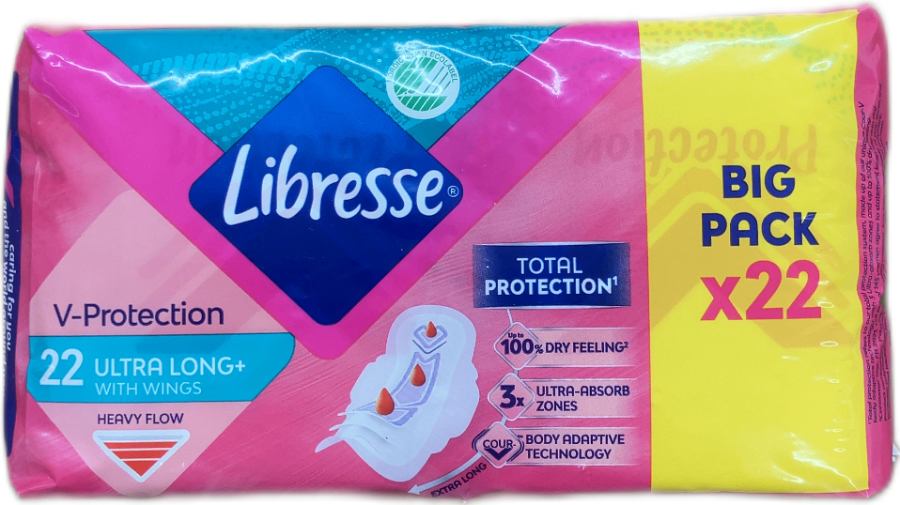 Libresse V-Protection Ultra Long+ dömubindi með vængjum, fyrir miklar blæðingar, 22 stk