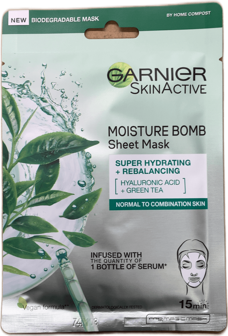 Garnier SkinActive Moisture Bomb lakmaska með hýalúrónsýru og grænu tei 28 g