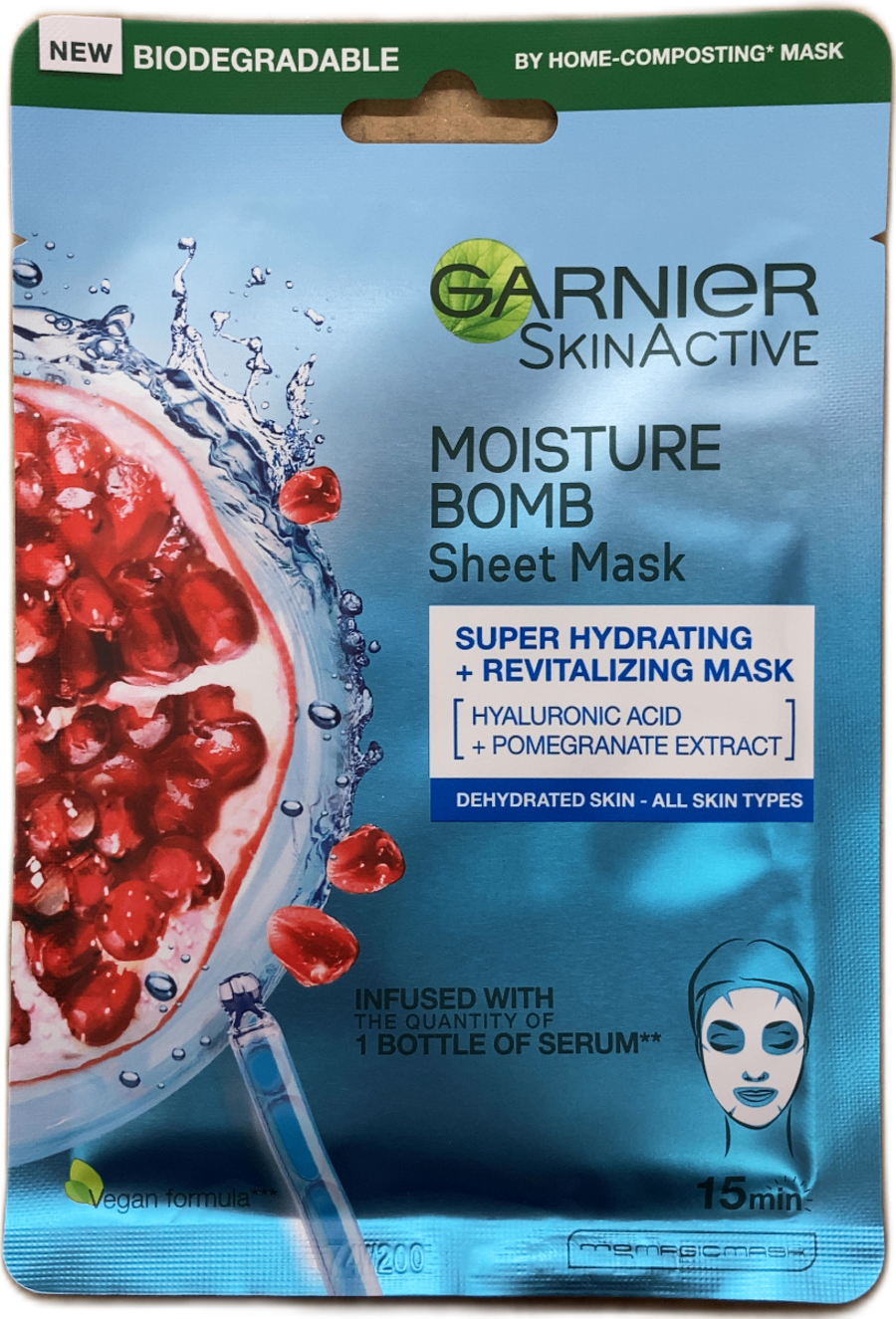 Garnier SkinActive Moisture Bomb blaðmaski með hýalúrónsýru og granatepli 28 g