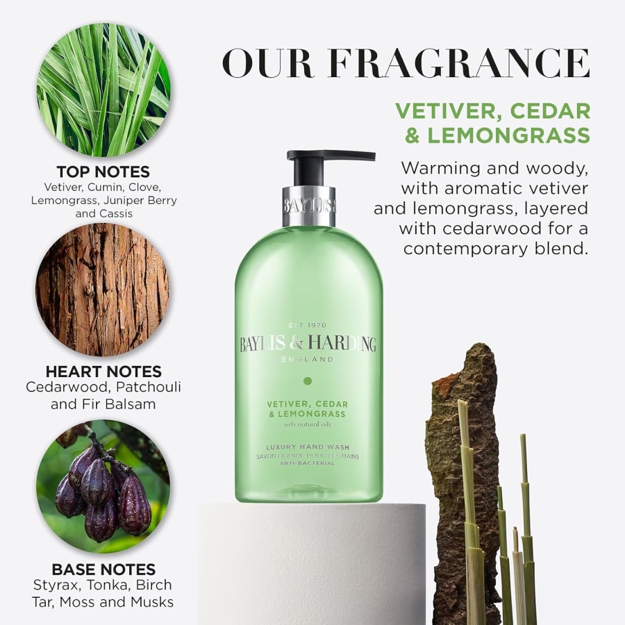 Baylis & Harding Signature bakteríudrepandi handsápa með vetiver, sedrusvið og sítrónugrasi 500 ml