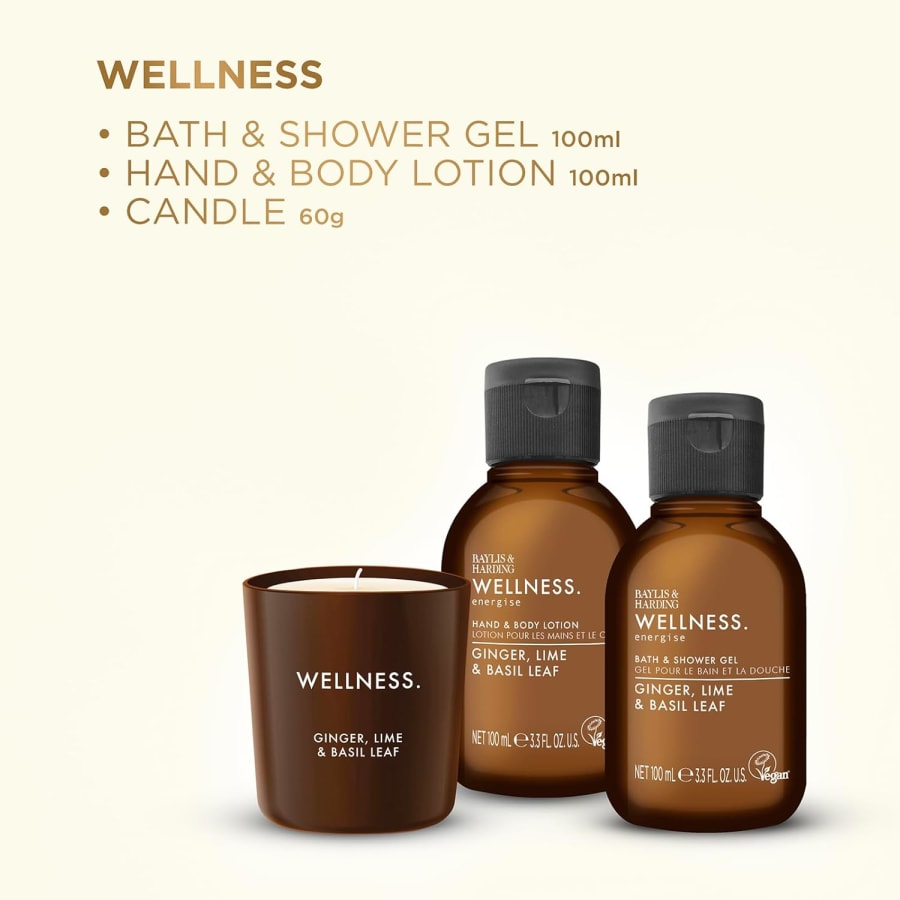 Baylis & Harding Wellness Herra Energize Gjafasett Ginger & Lime  Sturtusápu 100 ml, Body Lotion 10 ml og Ginger, Lime & Basil ilmkerti
