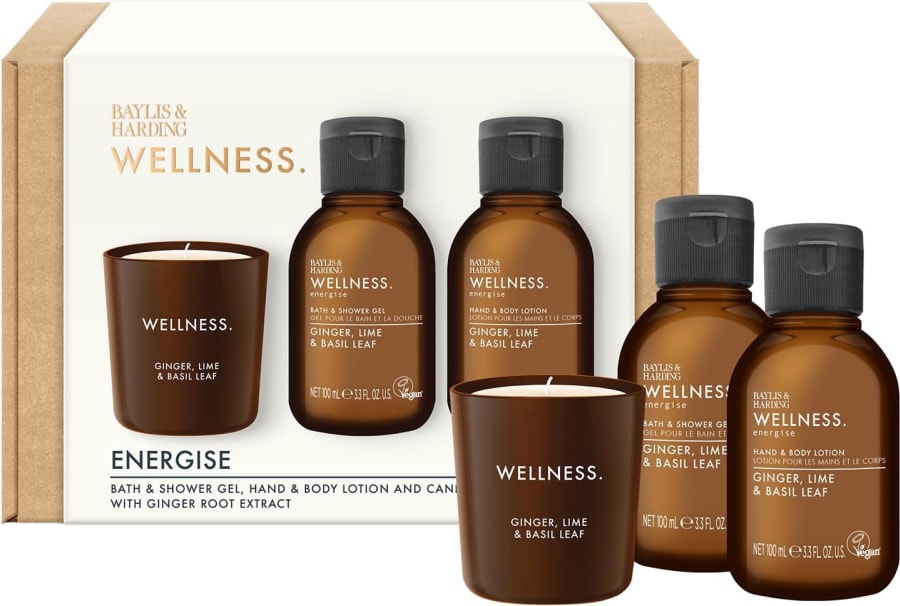 Baylis & Harding Wellness Herra Energize Gjafasett Ginger & Lime  Sturtusápu 100 ml, Body Lotion 10 ml og Ginger, Lime & Basil ilmkerti