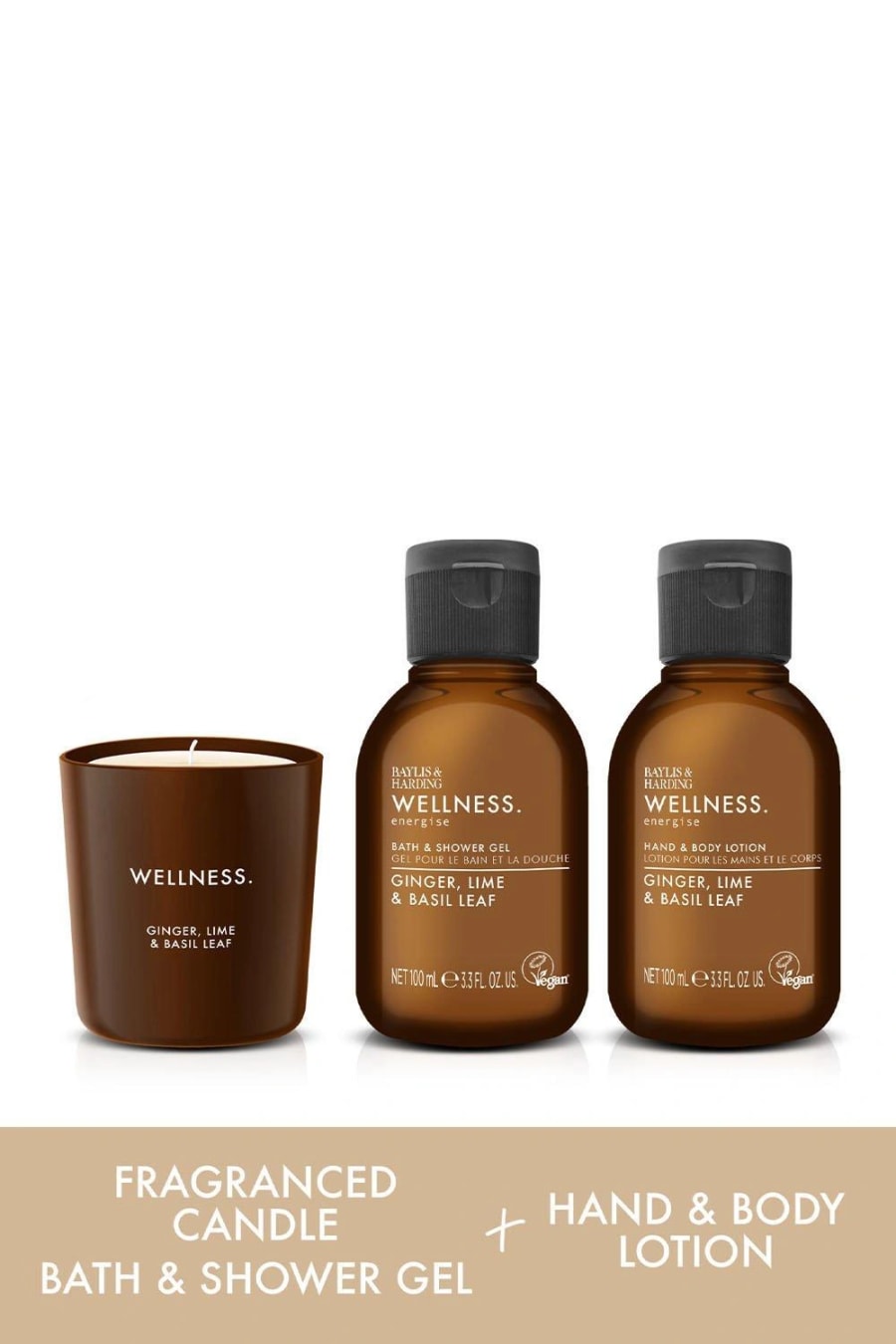 Baylis & Harding Wellness Herra Energize Gjafasett Ginger & Lime  Sturtusápu 100 ml, Body Lotion 10 ml og Ginger, Lime & Basil ilmkerti