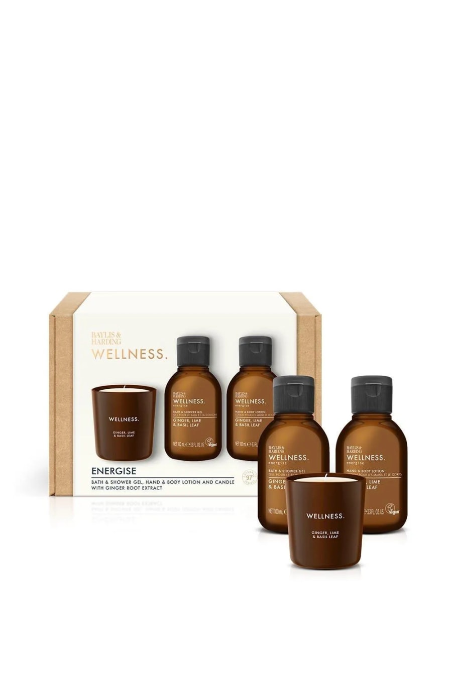 Baylis & Harding Wellness Herra Energize Gjafasett Ginger & Lime  Sturtusápu 100 ml, Body Lotion 10 ml og Ginger, Lime & Basil ilmkerti