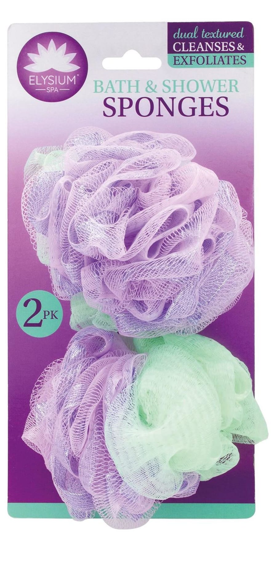 Elysium spa mjúkir loofah sturtu svampar Fjólublár og grænn 2 stk