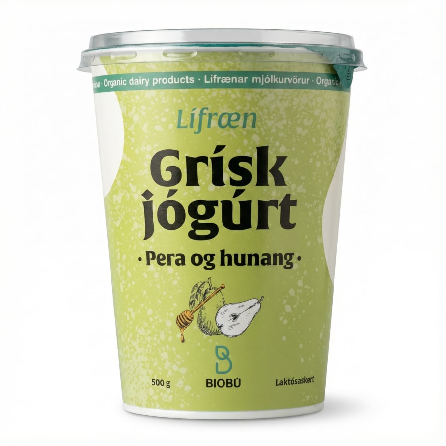 Biobú Lífræn grísk jógúrt pera og hunang laktósaskert 500 g