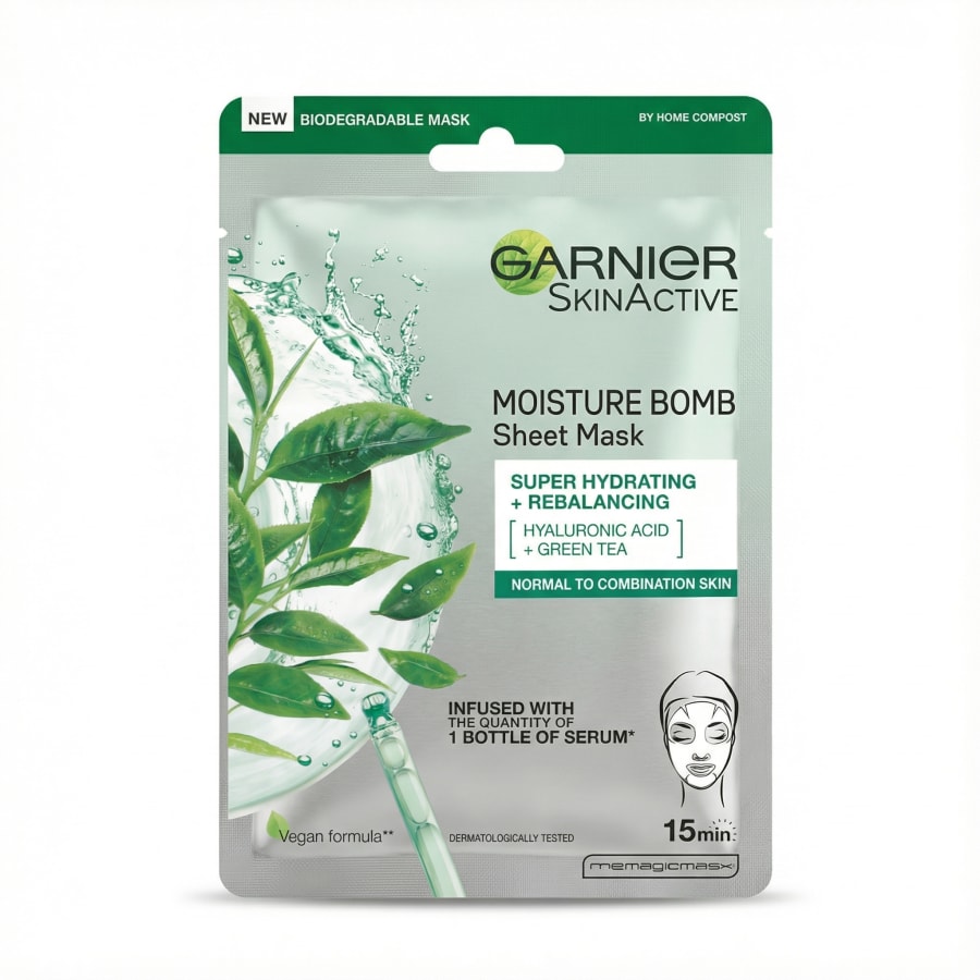 Garnier SkinActive Moisture Bomb lakmaska með hýalúrónsýru og grænu tei 28 g