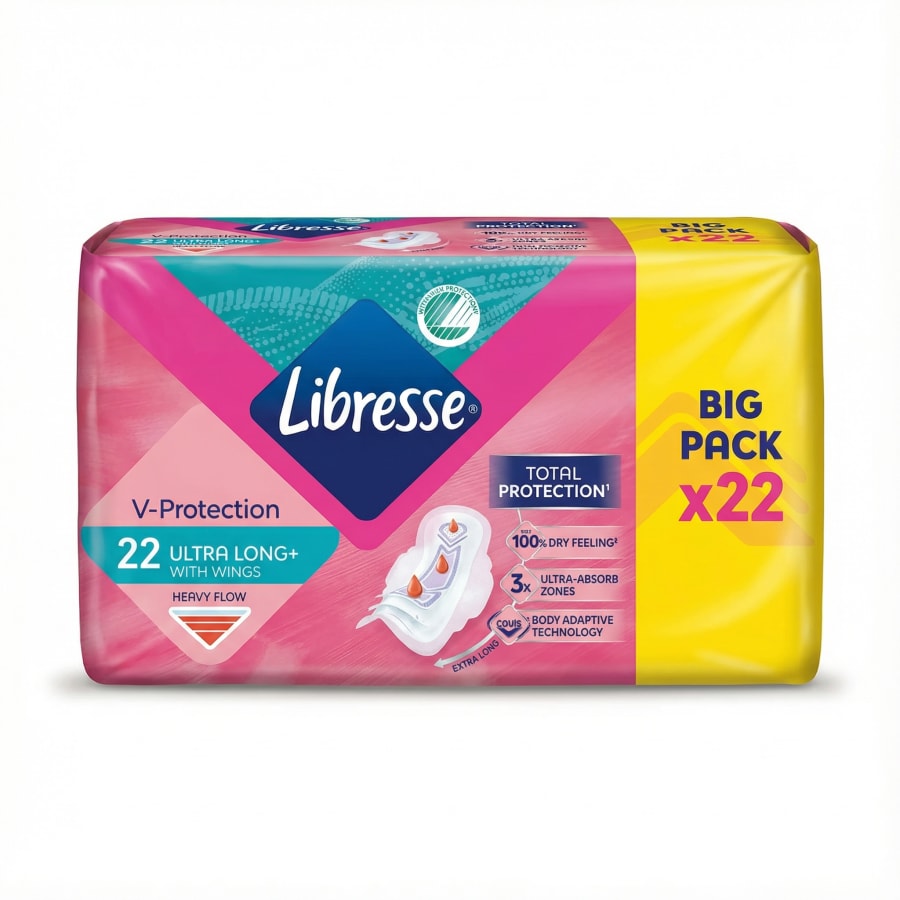 Libresse V-Protection Ultra Long+ dömubindi með vængjum, fyrir miklar blæðingar, 22 stk