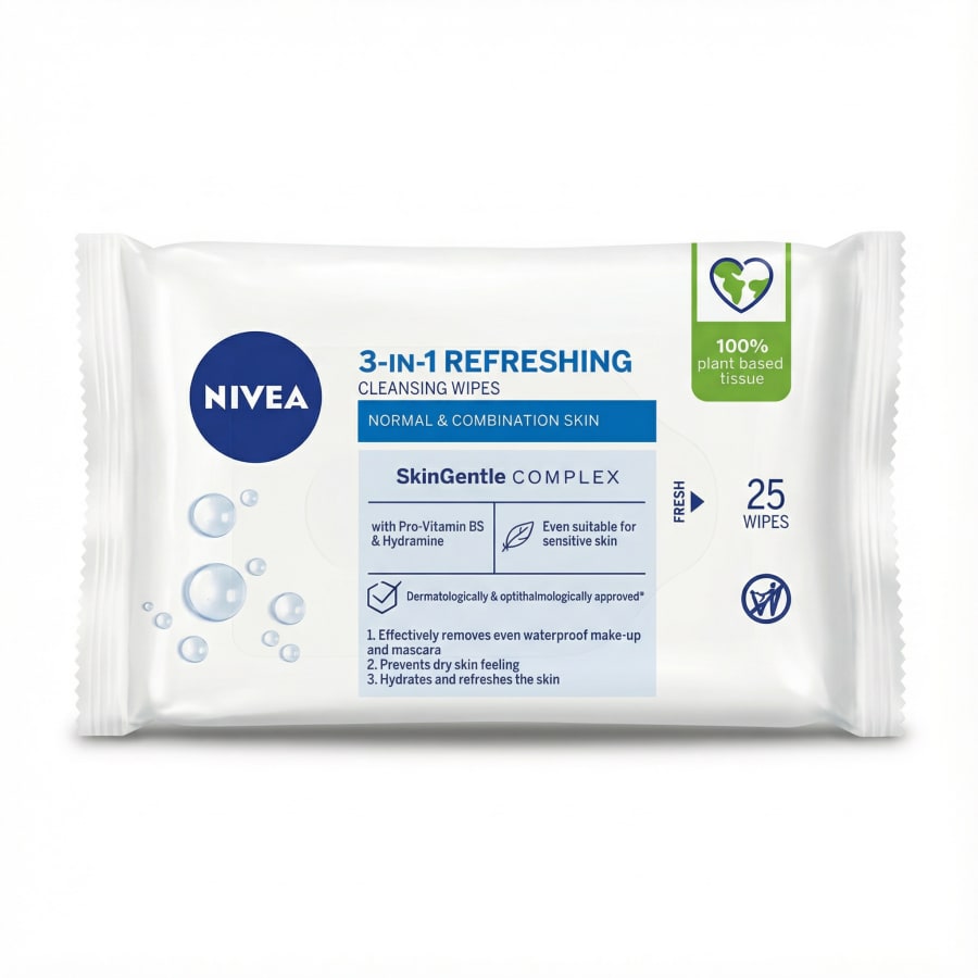 NIVEA 3-í-1 ferskir hreinsiklútar fyrir venjulega og blandaða húð, 25 stk