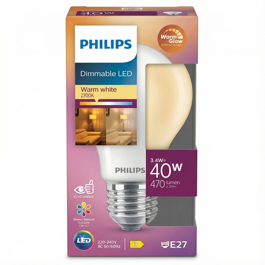 Philips WarmGlow LED pera E27, hægt að deyfa (dimmable), 3,4 W (40 W), 470 lm, 2700 K