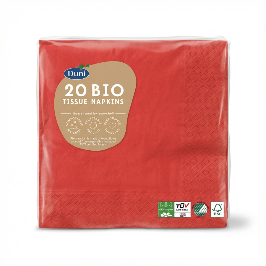 Duni Bio pappaservíettur, rauðar, 20 stk (33 x 33 cm)