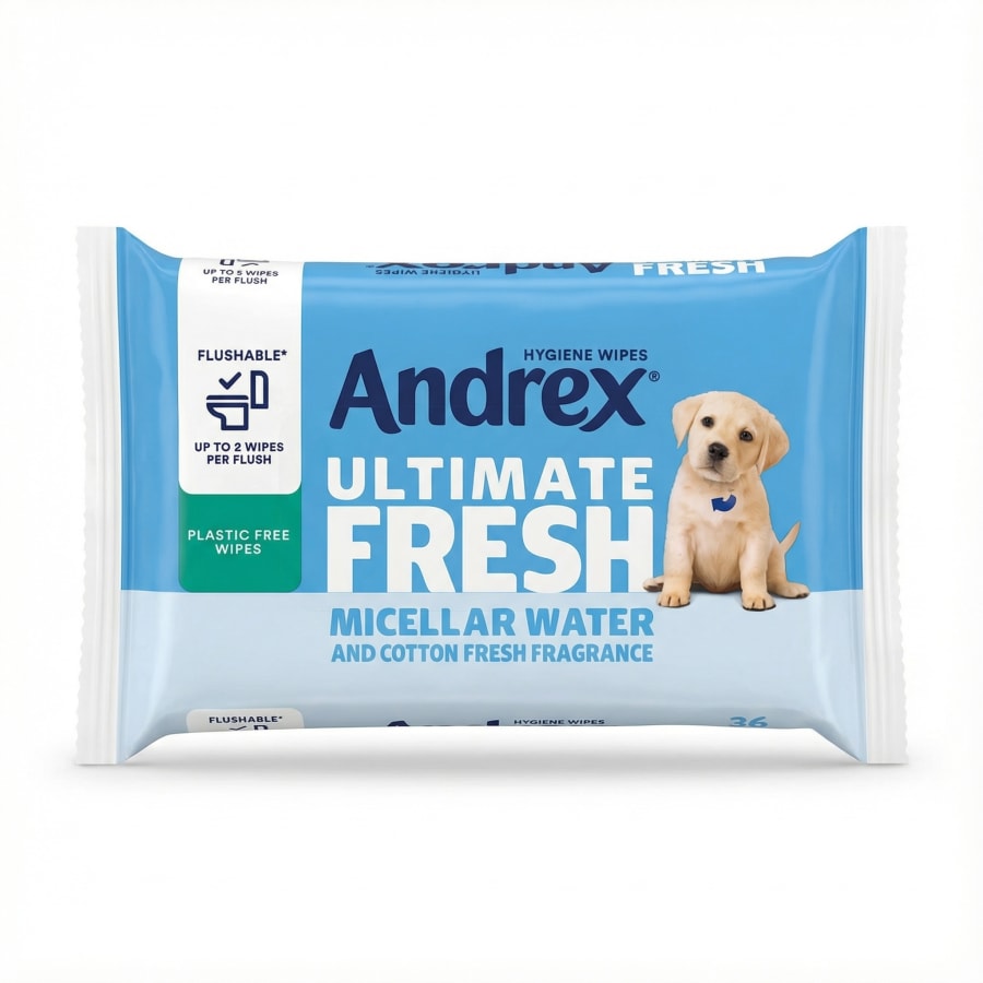 Andrex Ultimate Fresh skolhæfar hreinlætisþurrkur – míselvatn og ferskleiki bómullar, 36 stk
