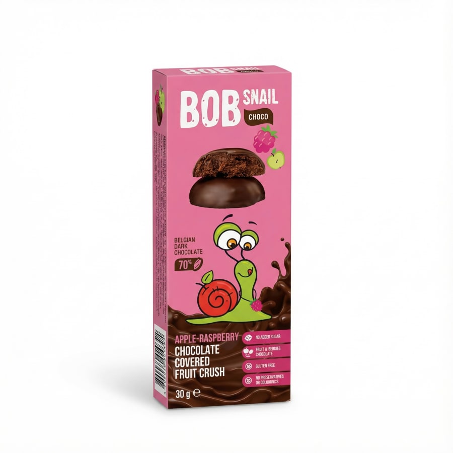 Bob Snail epla- og hindberja ávaxtamauk í belgísku dökku súkkulaði (70%) 30 g