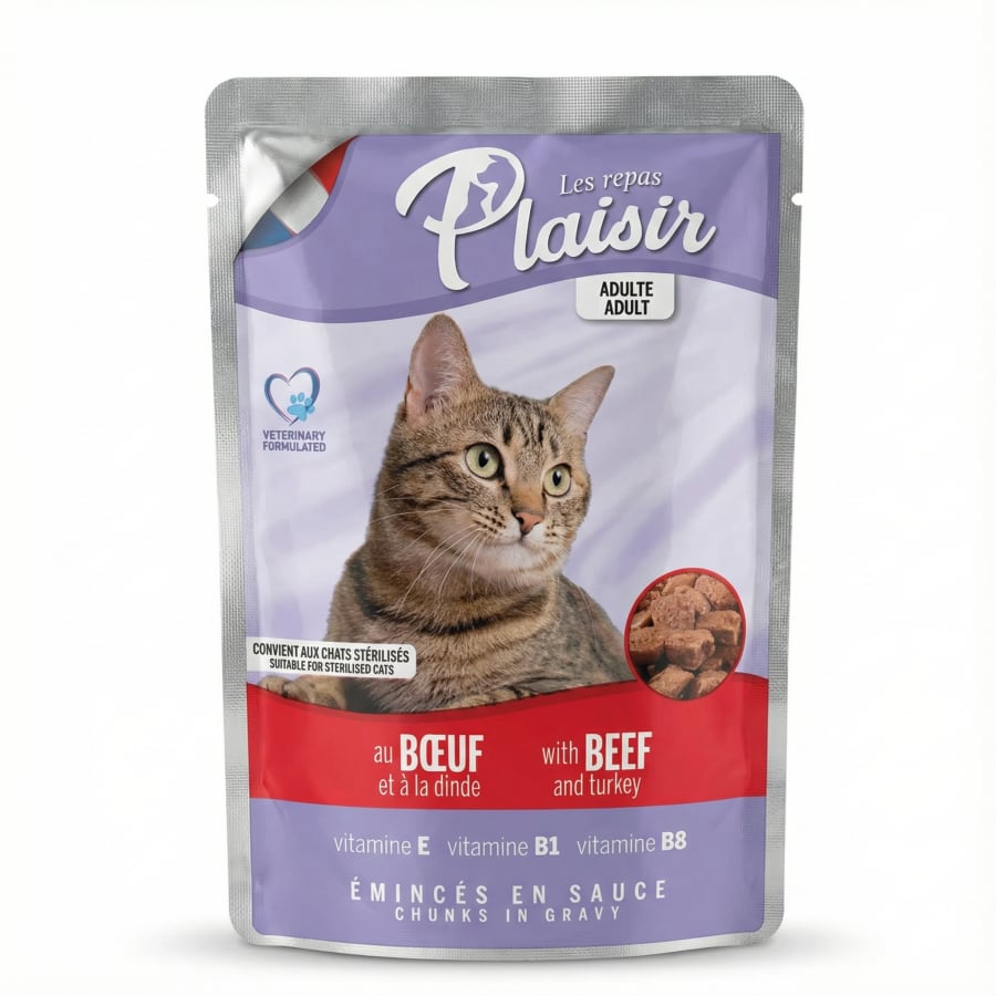 Plaisir bitar í sósu fyrir geldaða ketti með nautakjöti og kalkún, 100 g