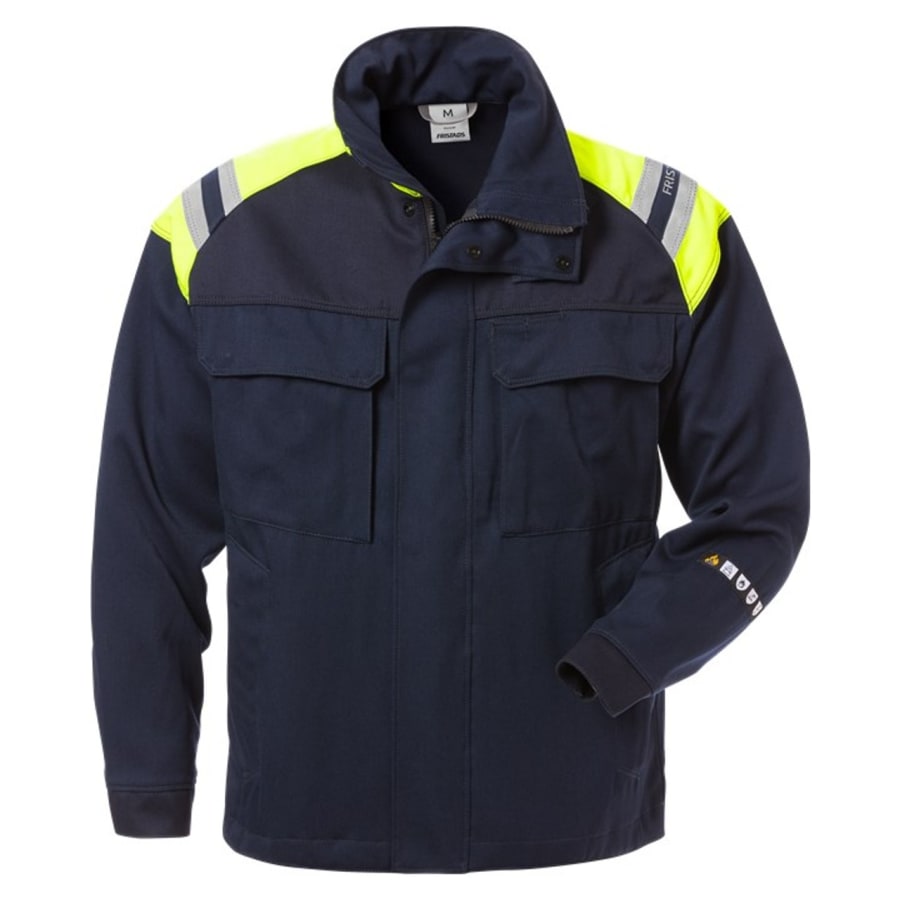 Fristads hitaþolin jakki navy/HiViz gulur