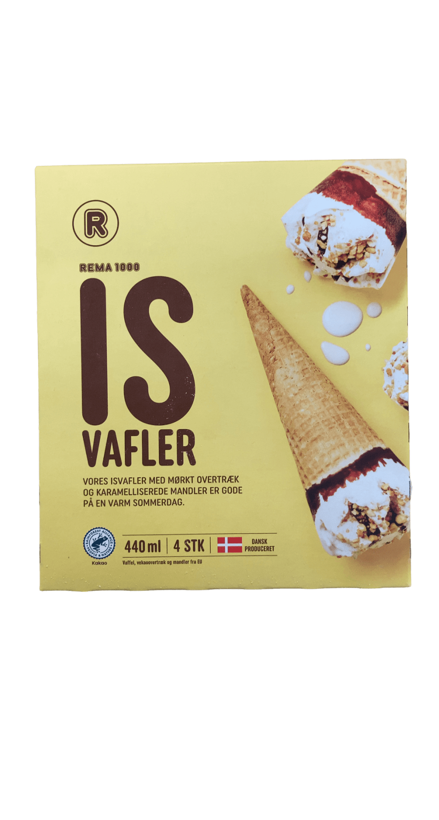 Rema 1000 ísvöfflur með vanillubragði, dökku hjúp og karamellíseruðum möndlum 440 ml