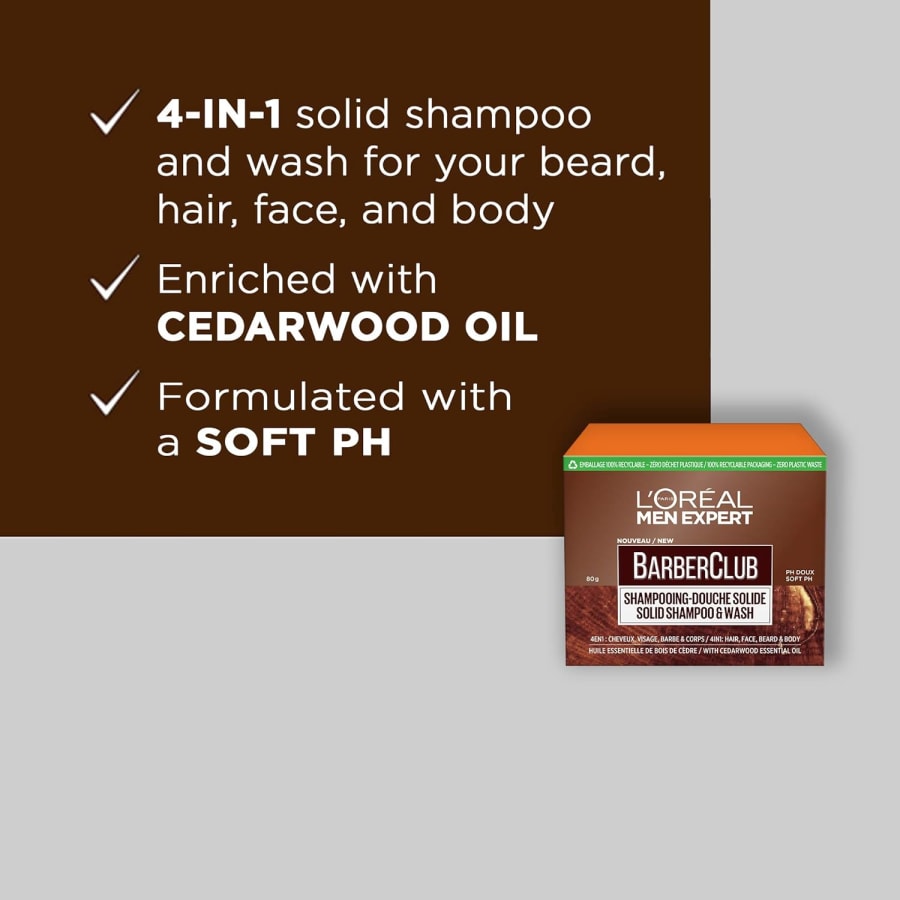 L'Oréal Men Expert Barber Club Solid Shampoo og sápustykki 80 gr
