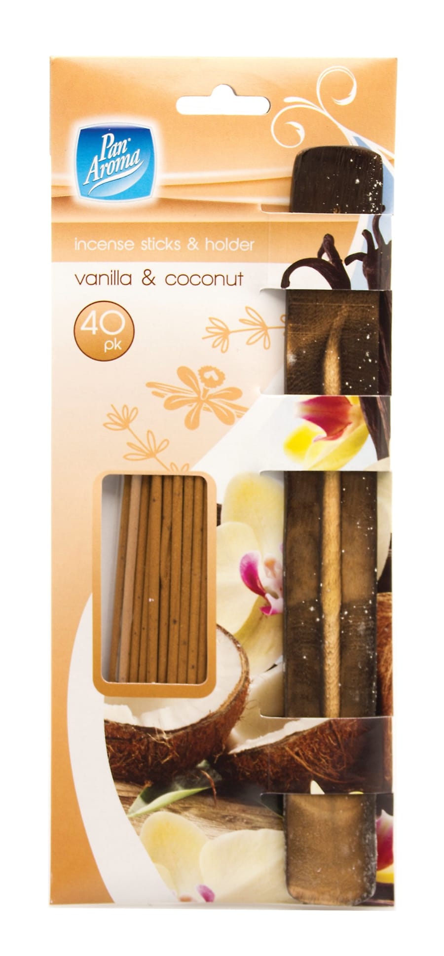 Pan Aroma 40 reykelsi með fallegum viðarstand Vanilla og kókos