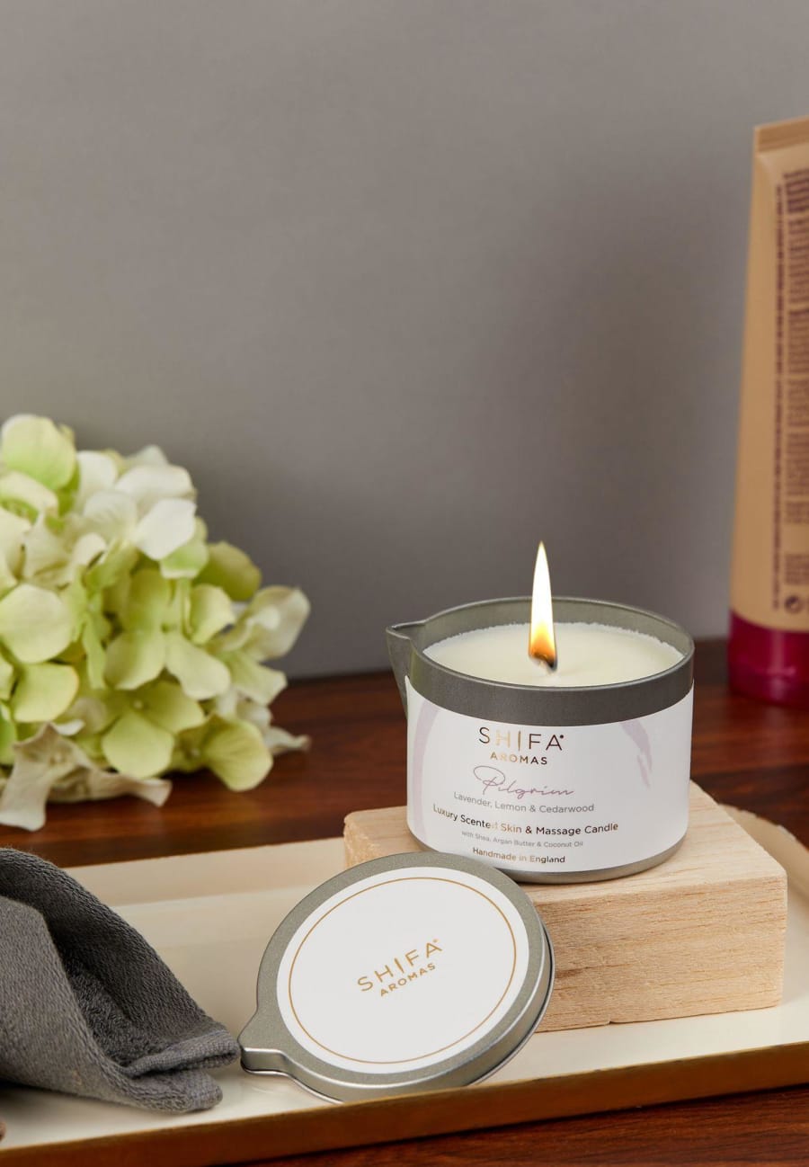 SHIFA Aromas Pilgrim Lúxus nudd ilmkerti