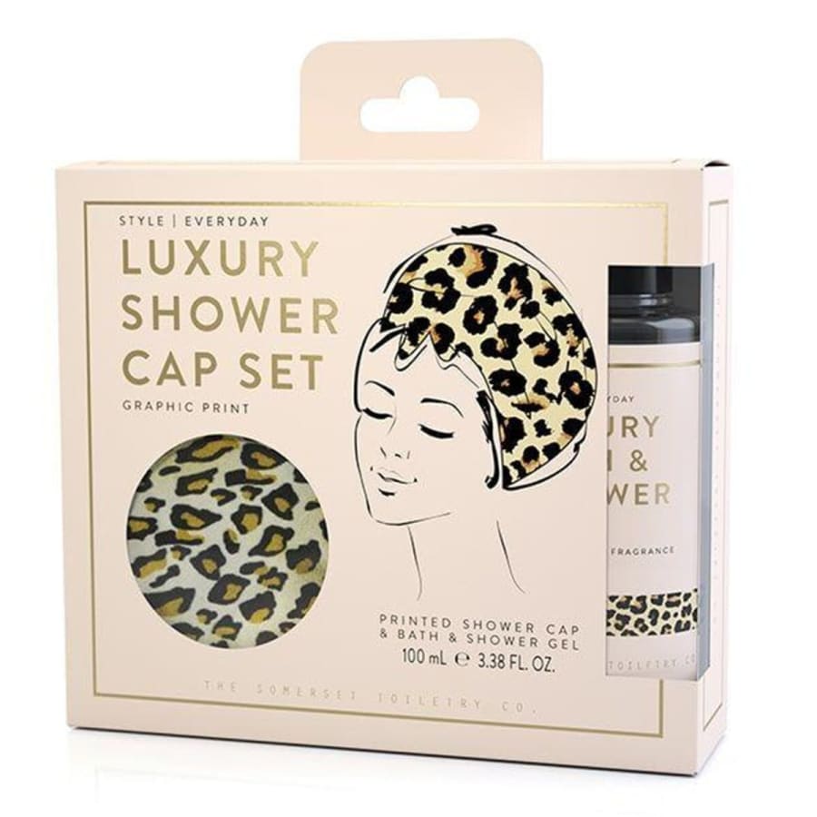The Somerset Toiletries Company Luxury Leopard Shower Cap and Pina Colada bath and Shower gel.
