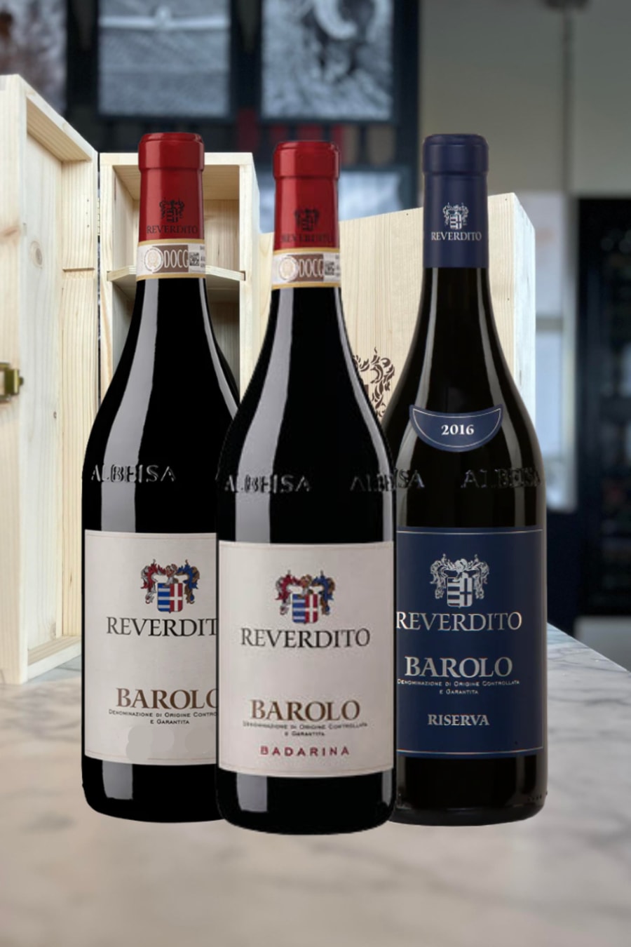 Þrjú Barolo-vín í viðargjafaöskju