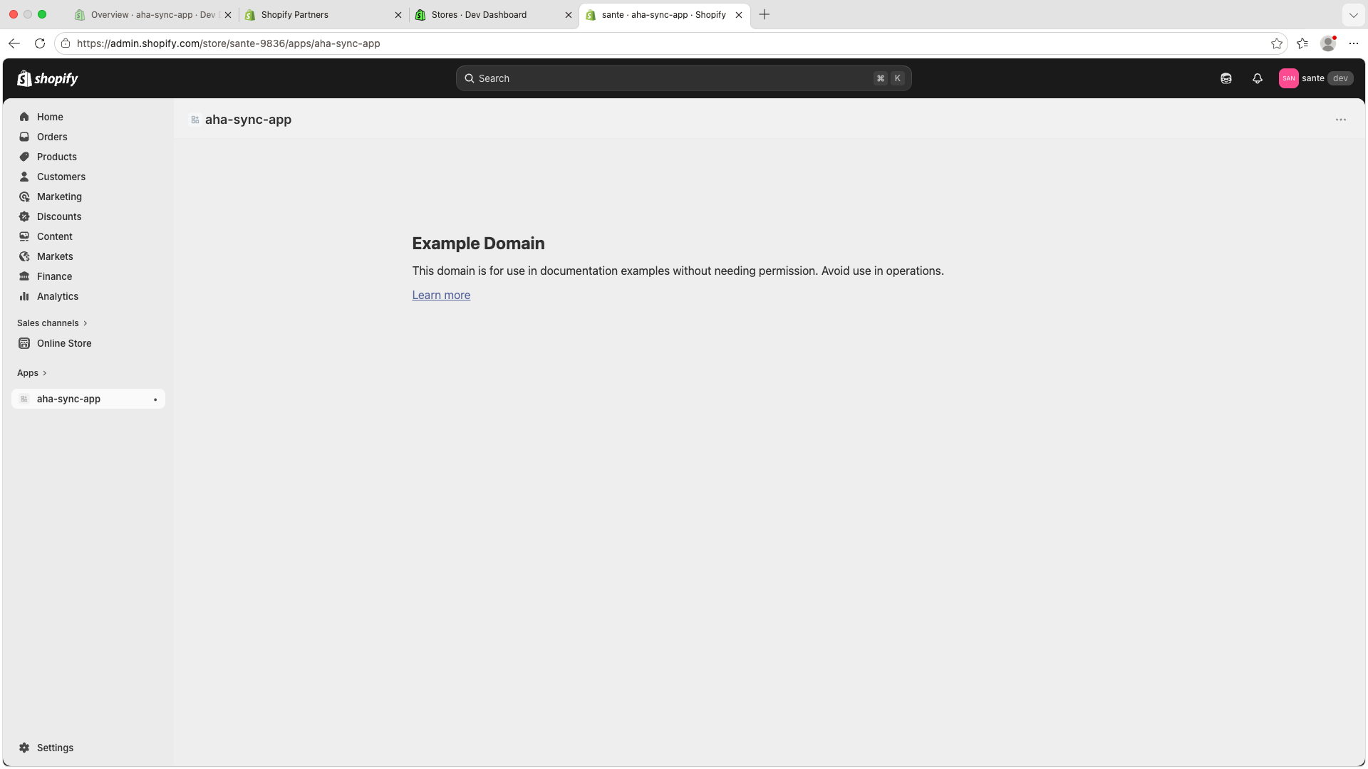 Installed app in Shopify admin