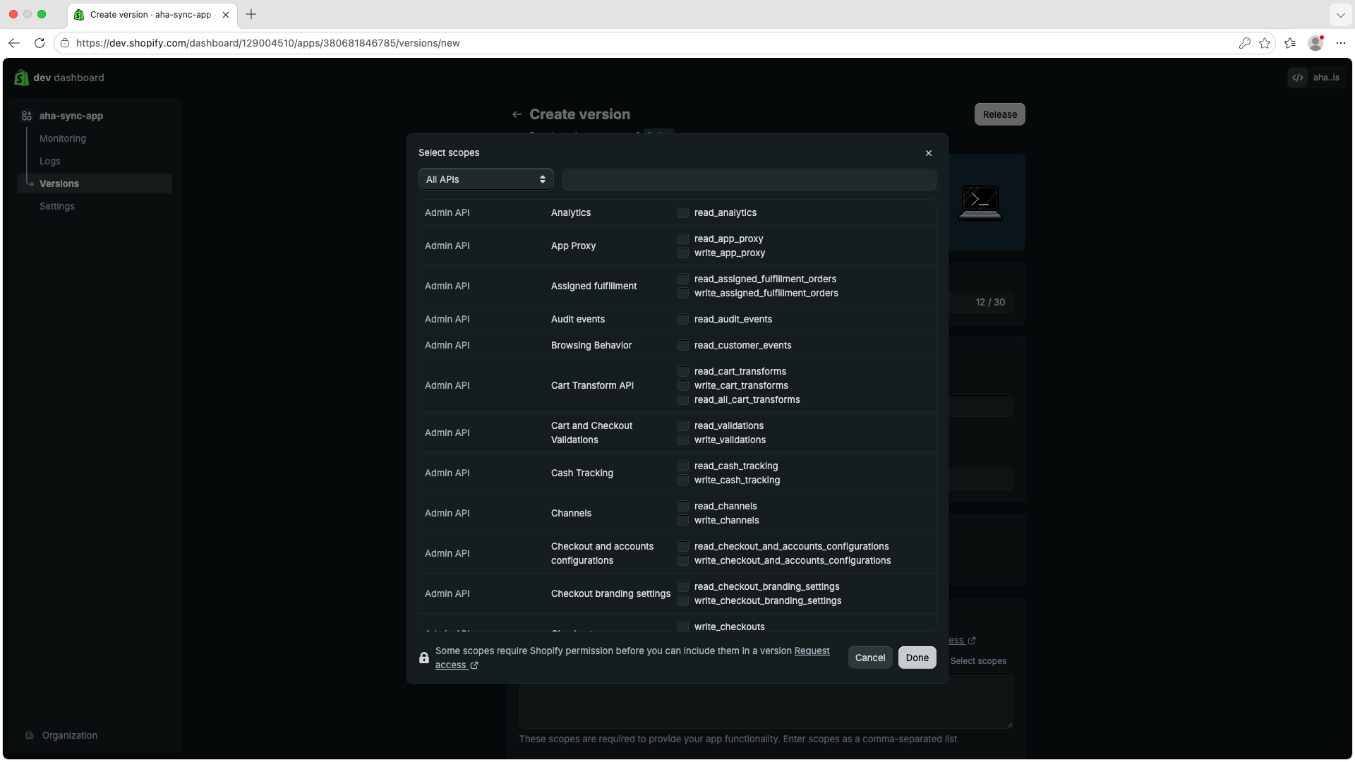 Select scopes modal