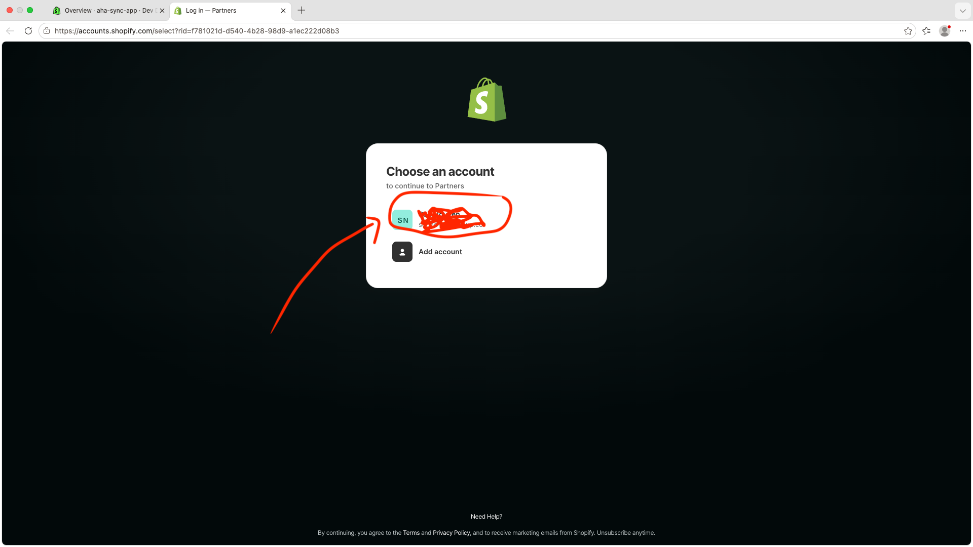 Choose Shopify account
